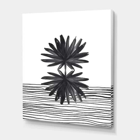 Designart - Black and White Tropical Leaf On Striped II